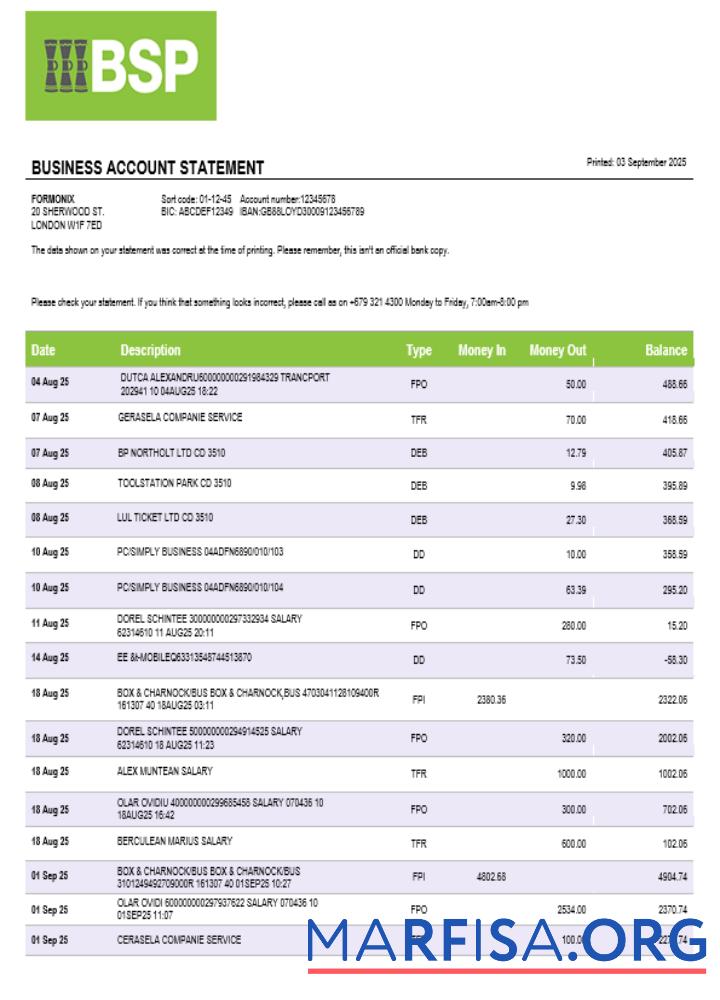Downloadable Bank of South Pacific business bank statement Word and PDF format download for verification